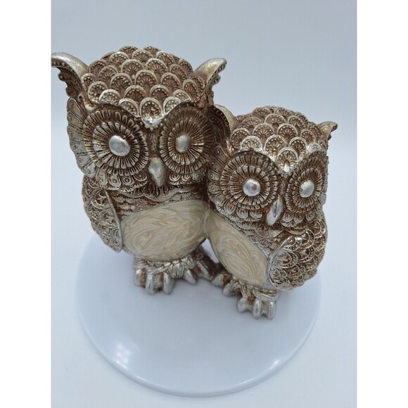 Ornate Owl Statue Figure Heavy Silver Carved w/enamel Mr & Mrs Bubo vintage gift - Picture 1 of 6